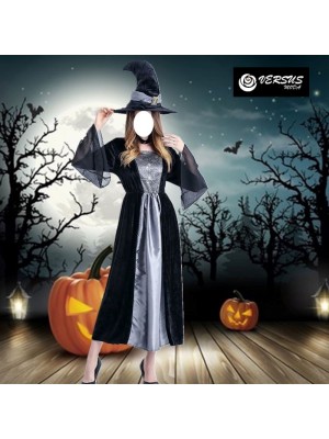 Strega Vestito Carnevale Argento Nero Halloween Cosplay Witch Costume STREGA012